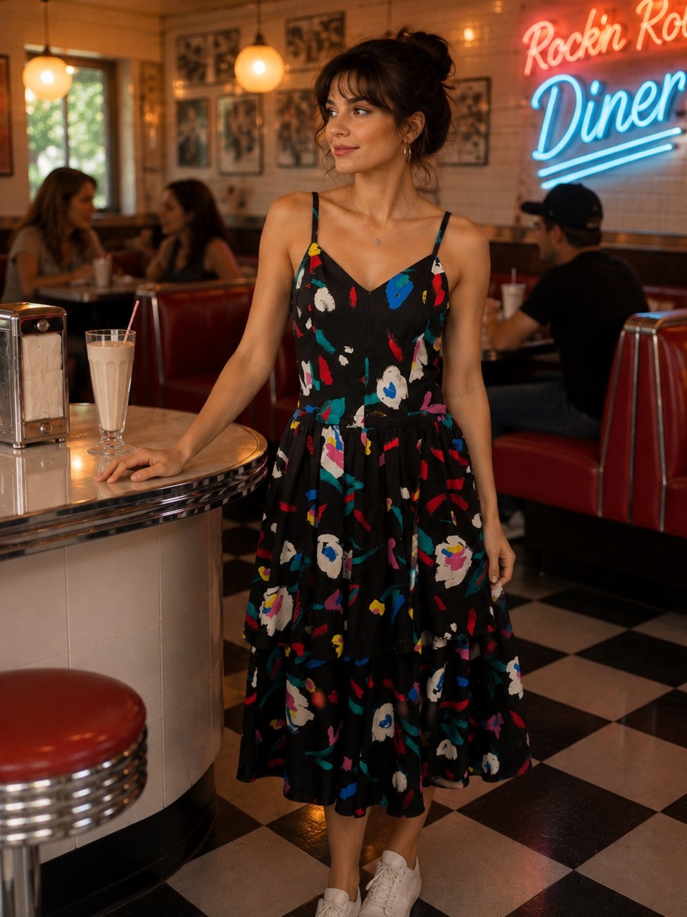 Vintage 80/90’s Cotton Floral Retro Tiered Floral Midi dress